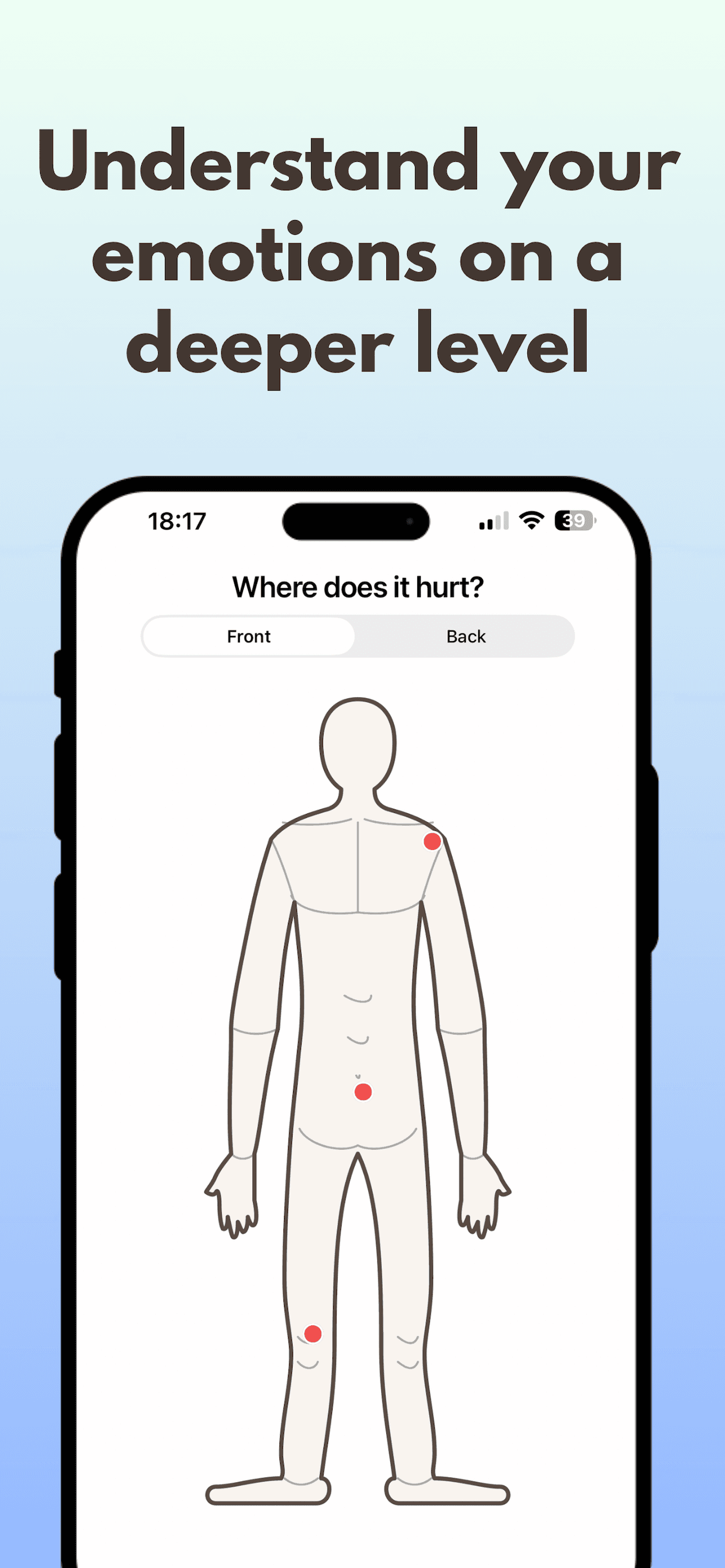 Emotionly body map screen — mark where you feel sensations on front and back views